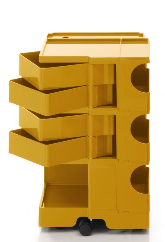 Gelber Boby B34 Rollcontainer mit Schubladen und Ablageflächen für Büro und Arbeitszimmer.